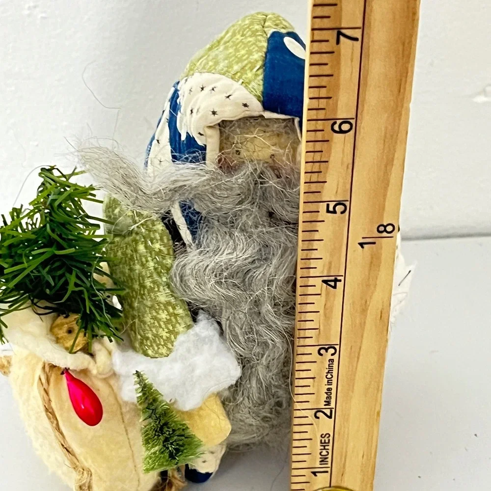 Vintage Primitive Santa Claus Plush OS Blue Green Patchwork Folk Art Holiday